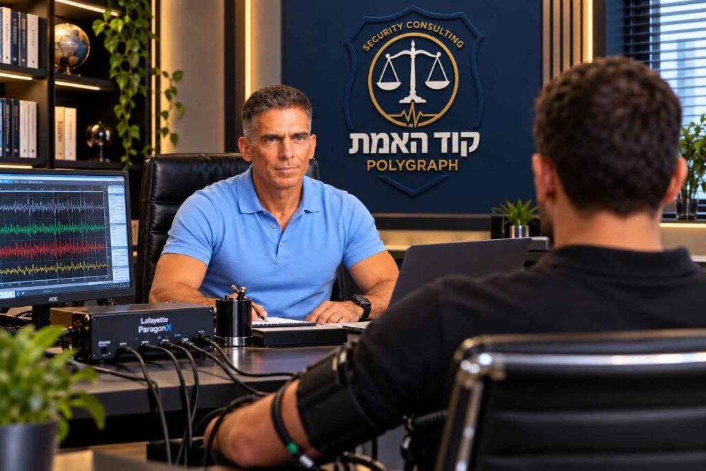 רון כהן, בודק פוליגרף, ליד מכשיר הפוליגרף במכון קוד האמת